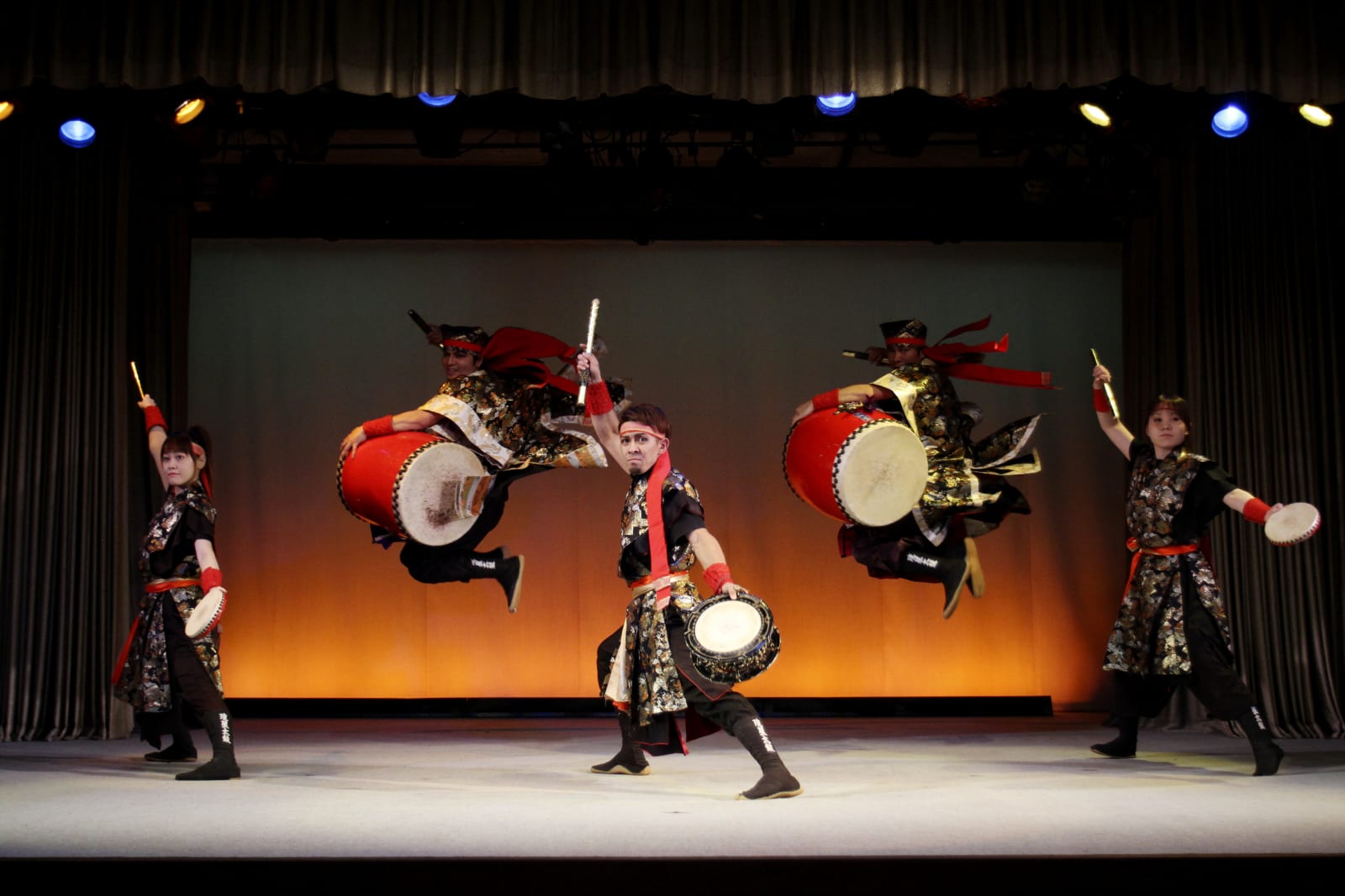Stage area of the theater restaurant during a traditional Ryukyuan dance performance