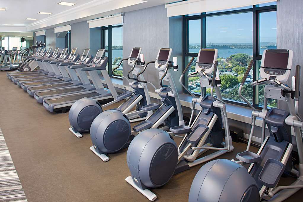 Row of cardio machines in the fitness center facing the bay