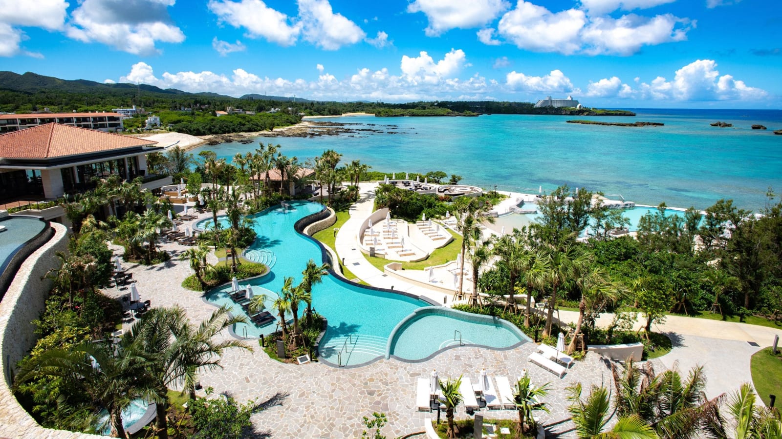 Exterior of the resort buildings and the surrounding coastline