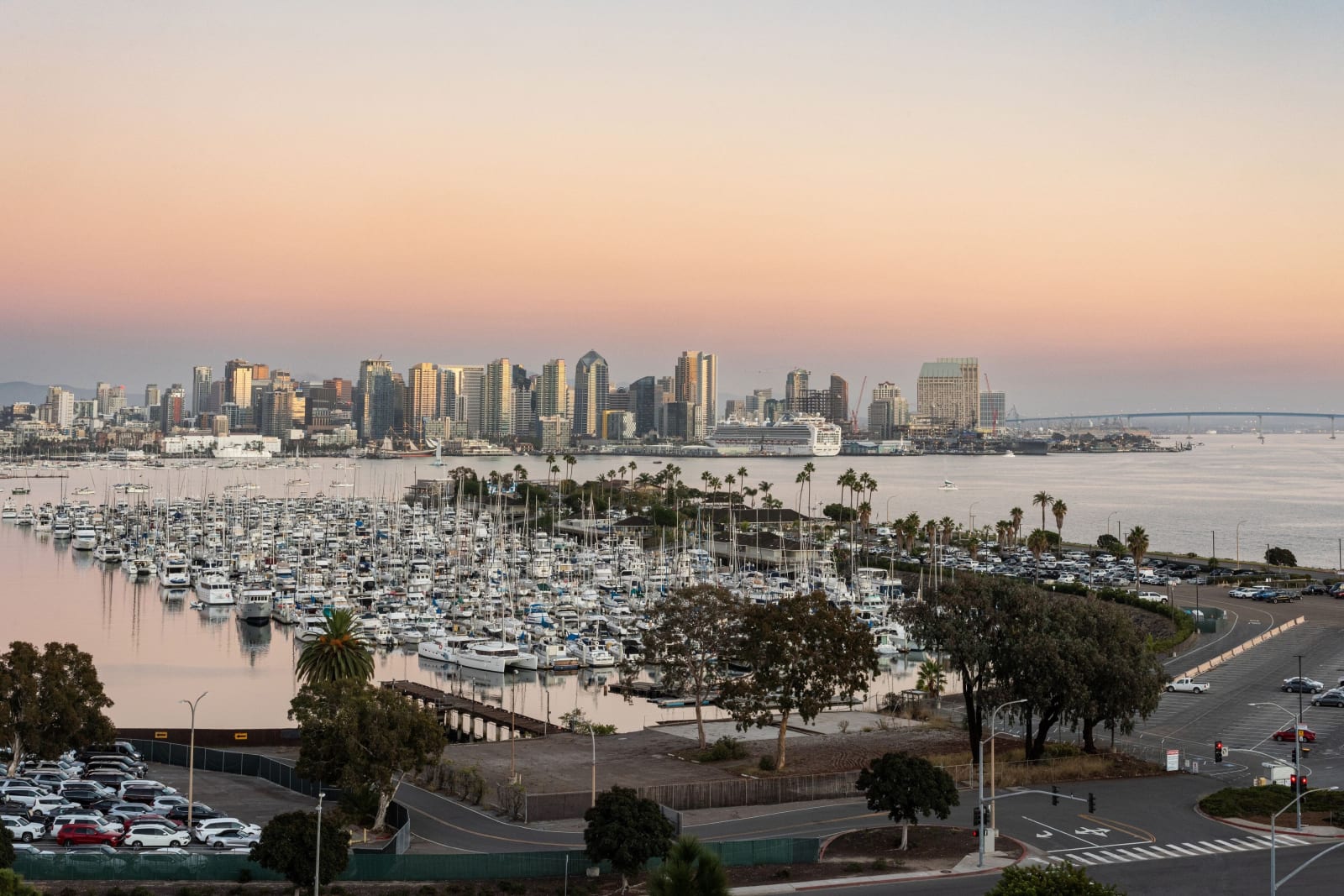 Elevated view over the whole marina with the downtown skyline beyond