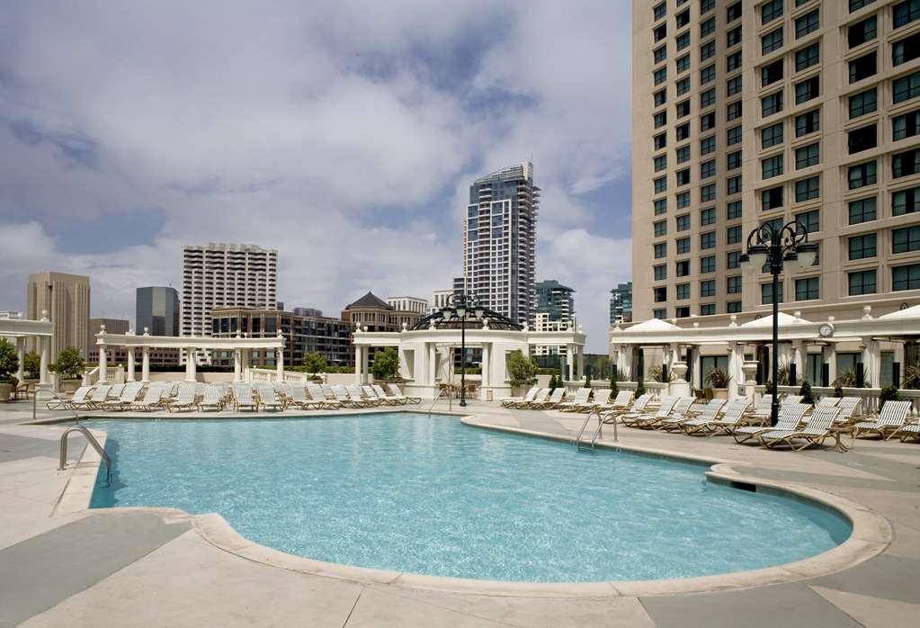 Rooftop pool deck with loungers and palm trees and a tower behind