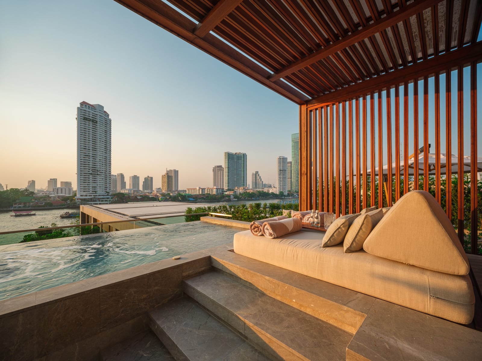 The sala and river view from the Verandah terrace at Capella Bangkok