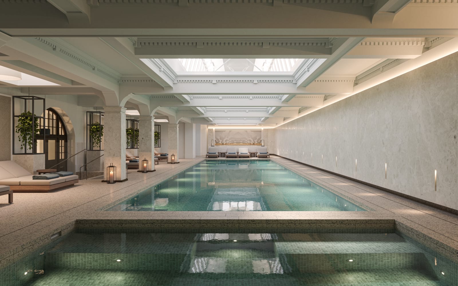 The 20-meter indoor heated pool on level six, under the original copper roof lanterns
