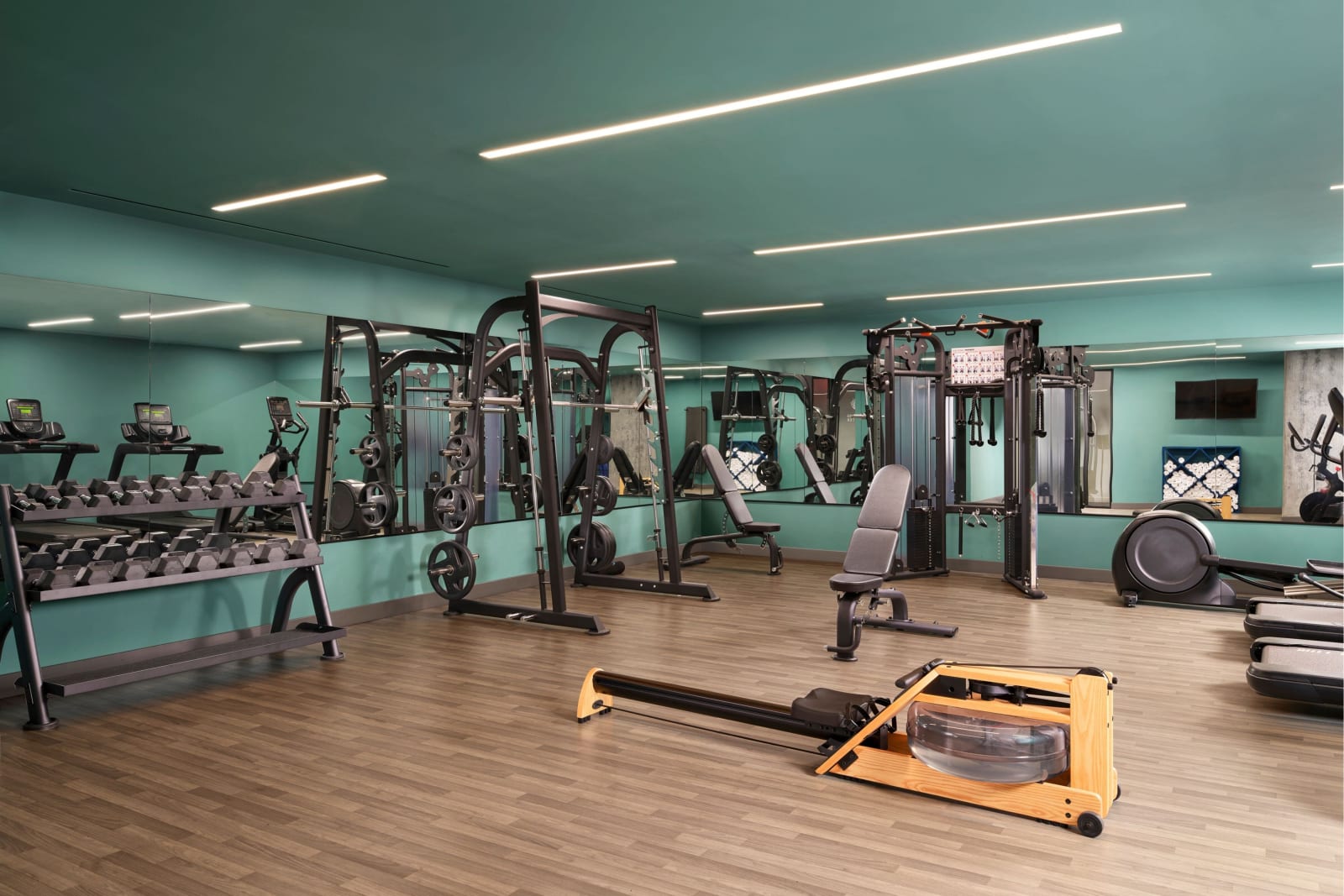 Fitness room with mint green walls, dark power racks, treadmills, a rowing machine and racked dumbbells on wood grain flooring