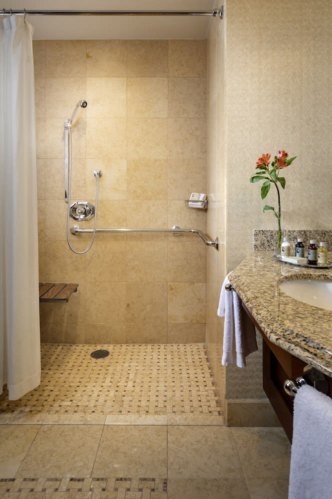 Roll in stone shower with grab bars and an adjustable handheld shower