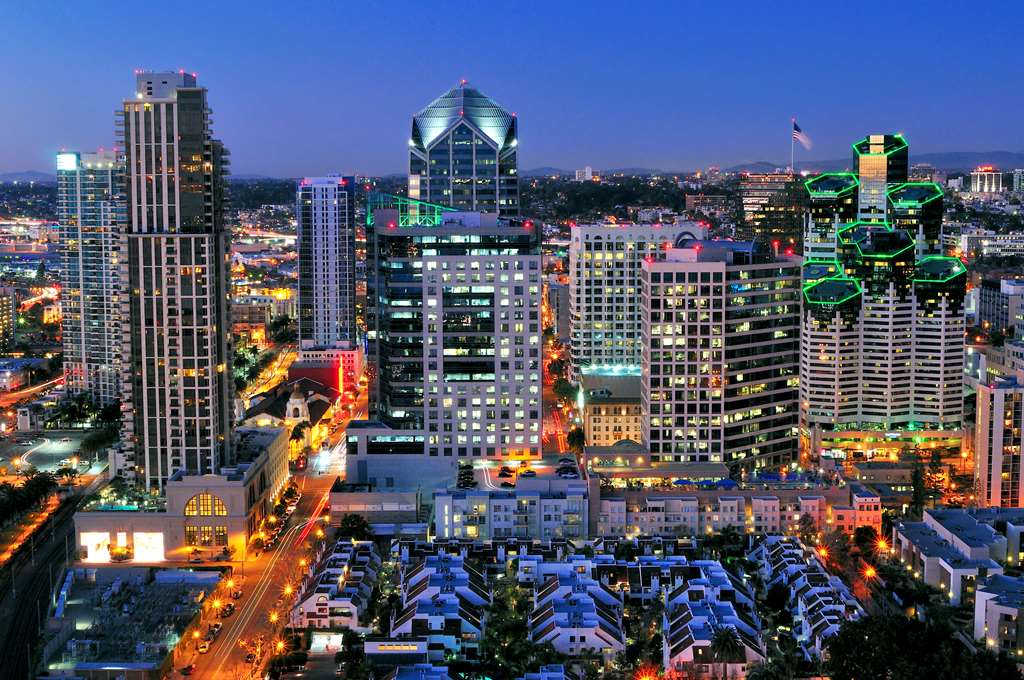 Downtown San Diego skyline at night seen from a high floor