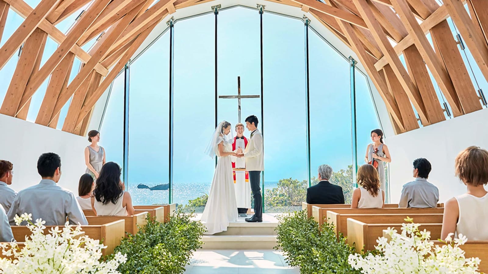 A wedding ceremony facing the ocean